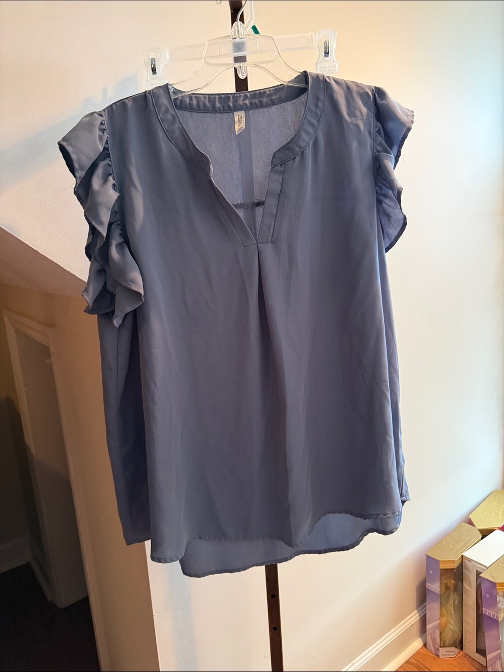 Ruffled Short Sleeve V-Neck Blouse - Slate Blue